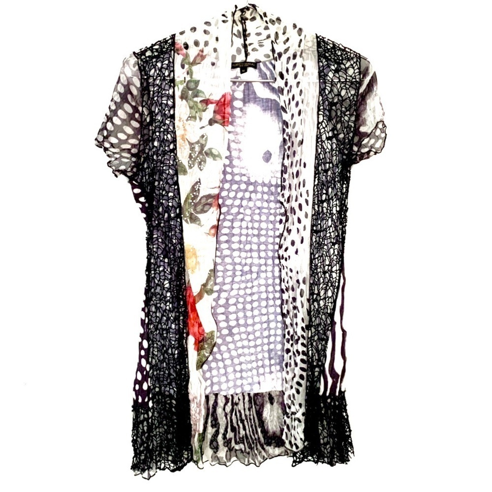 ALBERTO MAKALI Vintage Sheer, Floral, Printed, Beaded, Crochet Duster Cardigan